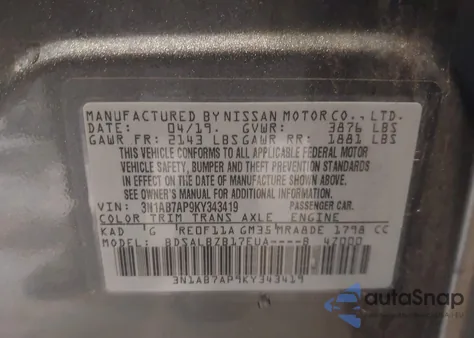 2019 Nissan Sentra S z USA, uszkodzony, nr VIN 3N1AB7AP9KY343419